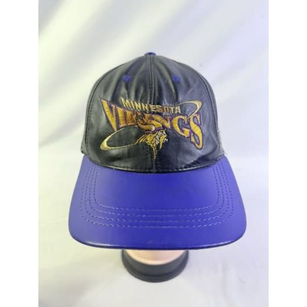 Vintage 1990s Minnesota Vikings NFL Pro Elite Black Leather Hat Cap Adjustable